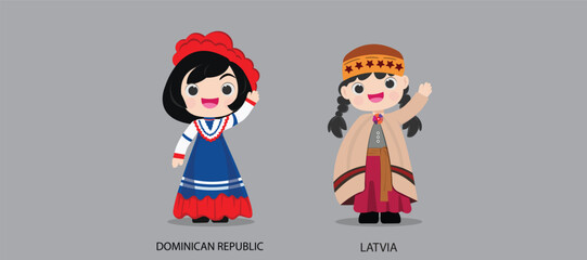 People in national dress.Dominican Republic,Latvia,Set of pairs dressed in traditional costume. National clothes. illustration.