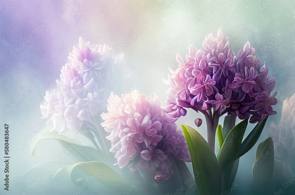 Poster hyacinth flowers soft backdrop with copy space generative ai