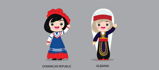 People in national dress.Dominican Republic,Albania,Set of pairs dressed in traditional costume. National clothes. illustration.