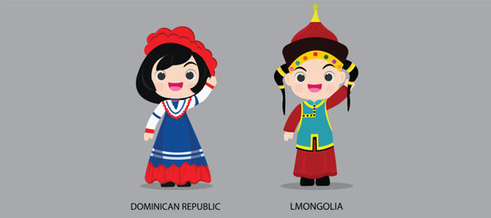 People in national dress.Dominican Republic,Mongalia,Set of pairs dressed in traditional costume. National clothes. illustration.