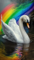 a swan floating on a lake with a rainbow in the background generative ai