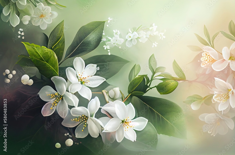 Poster jasmine flowers soft background with copyspace generative ai