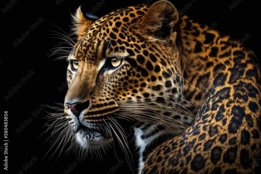 Poster a close up picture of a leopard on a dark background. generative ai