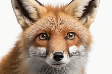 Obraz premium A close up of the head of a one year old Red Fox in front of a white background. Generative AI