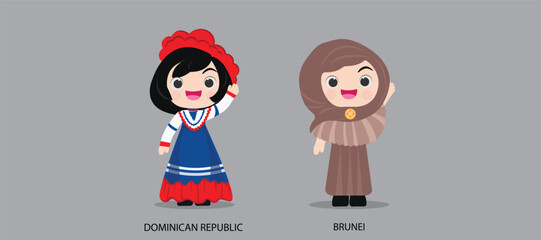 People in national dress.Dominican Republic,Brunei,Set of pairs dressed in traditional costume. National clothes. illustration.
