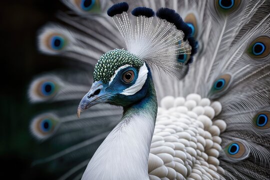 A close up picture of a peacock in white that is very beautiful. Generative AI