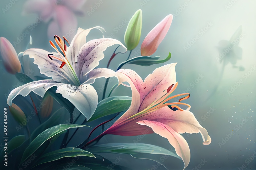 Poster lily flowers soft background with copyspace generative ai