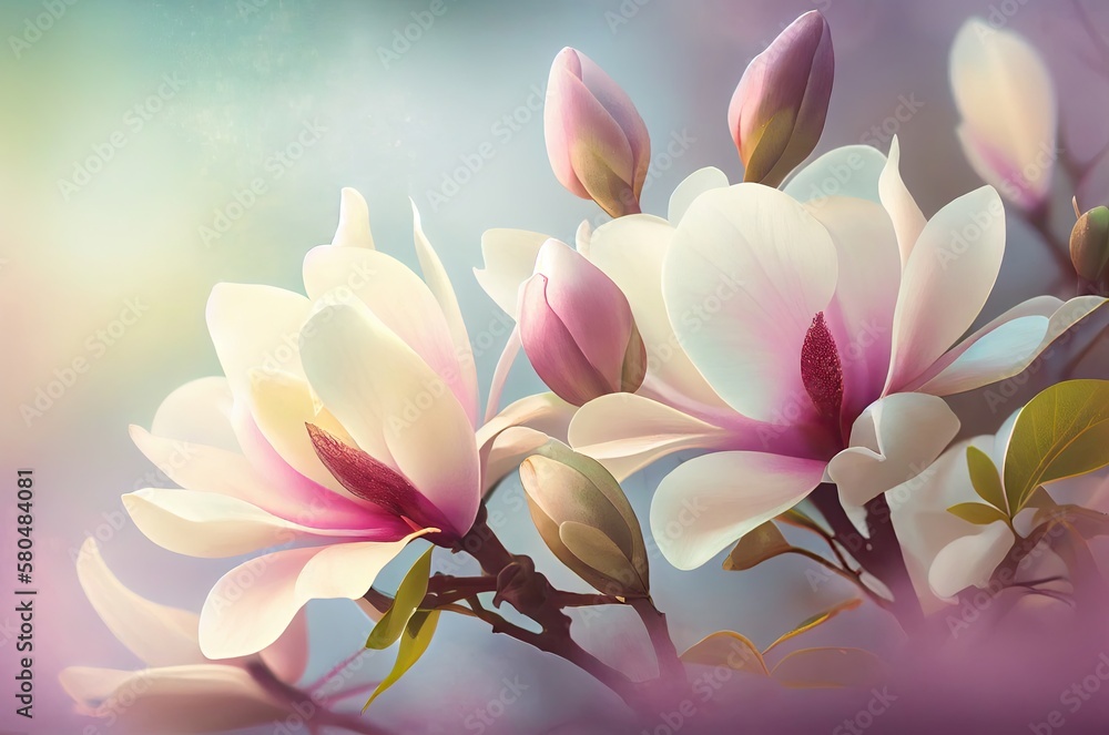 Poster magnolia flowers soft backdrop with copy space generative ai