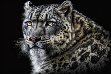 Fototapeta na wymiar A black background shows a picture of a snow leopard. Generative AI