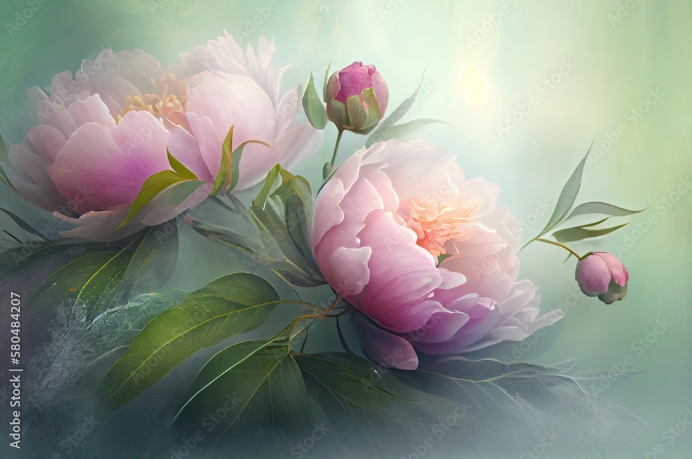 Poster peony flowers soft backdrop with copyspace generative ai