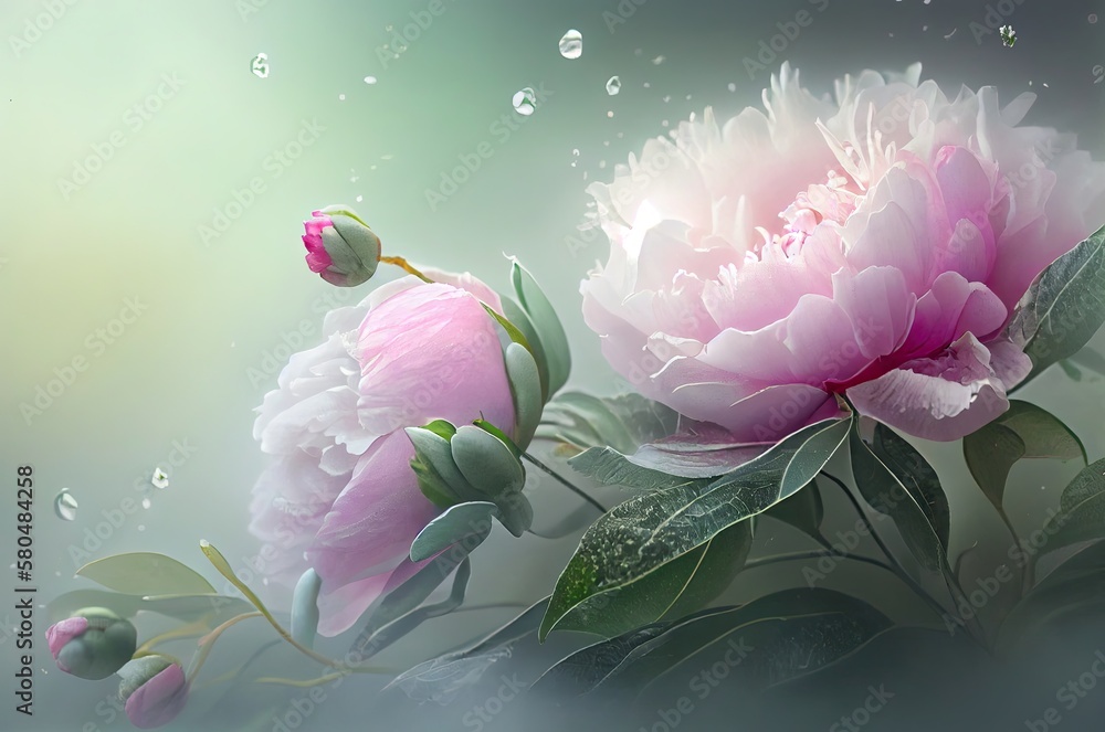 Poster peony flowers soft background with blank space generative ai