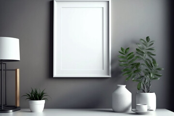 Obraz na płótnie Canvas Modern living room with empty blank picture frame mockup in scandinavian style on grey wall. Generative ai interior design