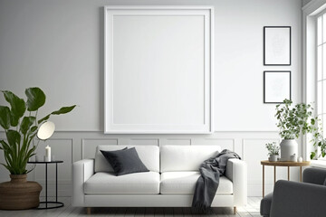 Living room with empty blank picture frame mockup in scandinavian style on white wall. Generative ai interior design