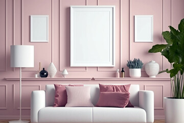 Living room with empty blank picture frame mockup in scandinavian style on pink wall. Generative ai interior design