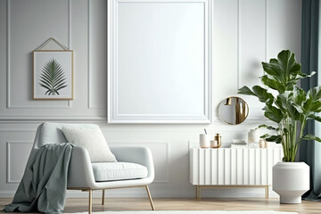 Living room with empty blank picture frame mockup in scandinavian style. Generative ai interior design