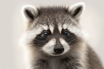 A close up picture of a small white and gray raccoon on a white background. Generative AI