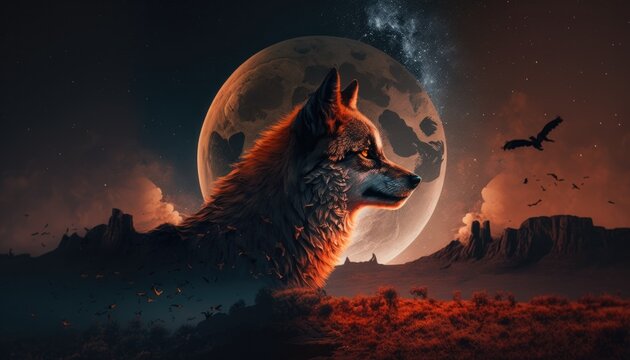 a wolf with a moon in the background generative ai