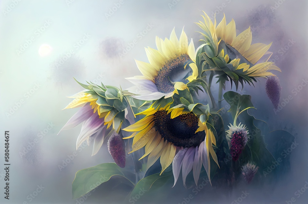 Poster sunflower flowers soft backdrop with blank space generative ai