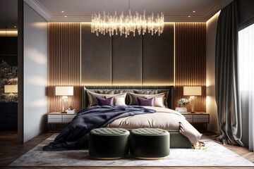 Luxury bedroom with beautiful lamp and wall decoration. Generative AI interior design