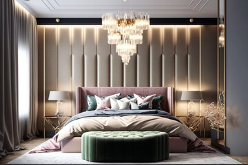 Luxury bedroom with beautiful lamp and wall decoration. Generative AI interior design
