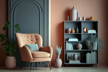 Cozy interior with orange terracotta armchair and grey bookshelf by orange wall. Generative ai illustration
