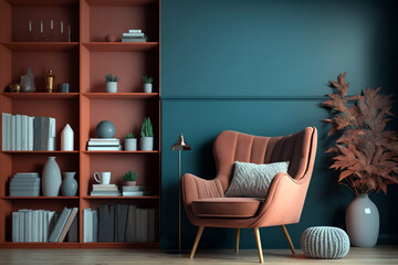Contemporary cozy interior with orange terracotta armchair and grey bookshelf by blue wall. Generative ai illustration