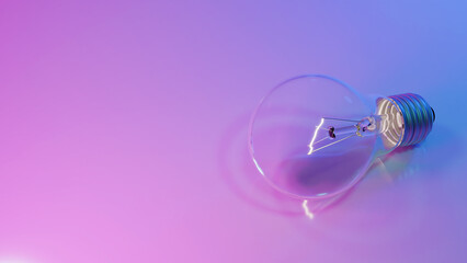 紫色と青色背景に電球の3Dイラスト。コピースペース。影。（横長）