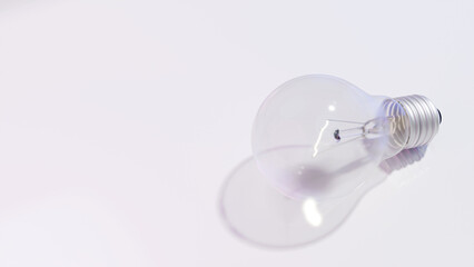 白背景に電球の3Dイラスト。コピースペース。影。（横長）
