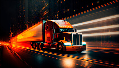 Fototapeta na wymiar A truck speeding in the city at night with tail lights giving a speed impression. Generative Ai