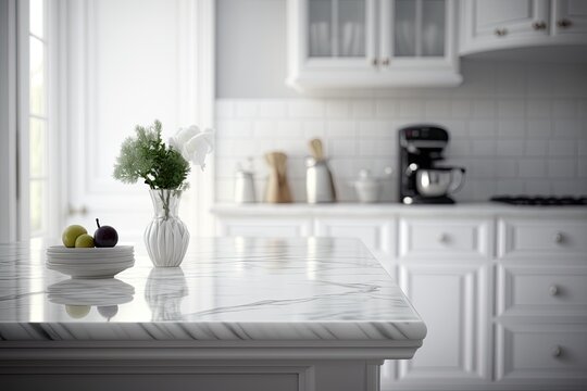 Close-up of a kitchen island with marble countertop in a bright interior. Real estate content by AI generative