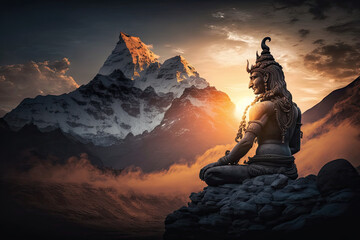 Hindu god Shiva, meditating on Mount Kailasa in the Himalayas, generative AI