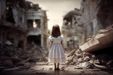 une petite fille de dos en robe blanche au milieu d'une ville en ruines dévastée par la guerre - obrazy, fototapety, plakaty