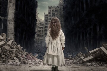 une petite fille de dos en robe blanche au milieu d'une ville en ruines dévastée par la guerre