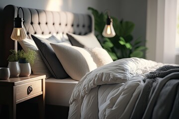 Close-up of a nicely decorated bed with pillows. Home-staging and real estate theme. AI generative