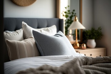 Close-up of a nicely decorated bed with pillows. Home-staging and real estate theme. AI generative