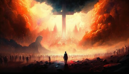 Jesus standing looking at cross in crowd in depths of hell, Generative AI