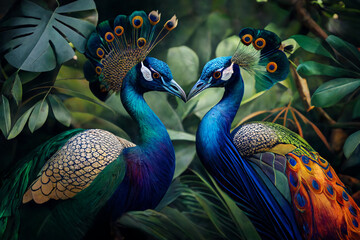 Obraz premium Peacock couple in the jungle. LGBT representation. Created with Generative Al technology