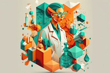 Scientist isometric woman in a lab coat in orange and teal
