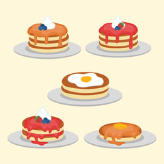 Set of Pancake Illustration with Different Toppings on Plate