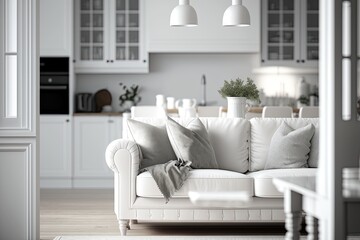 Close-up of new modern design couch with decorative pillows, kitchen in the background. Real estate by AI generative