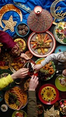 Obraz na płótnie Canvas Eid holiday table. Ramadan family dinner. Breaking Fast, iftar. Arabic Middle Eastern traditional cuisine