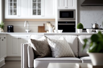 Close-up of new modern design couch with decorative pillows, kitchen in the background. Real estate by AI generative