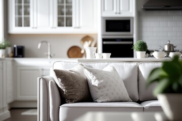 Close-up of new modern design couch with decorative pillows, kitchen in the background. Real estate by AI generative