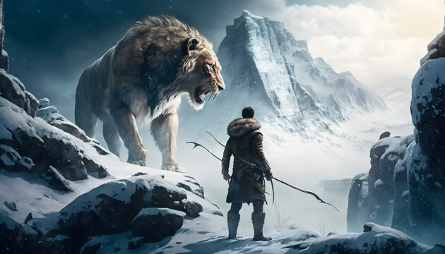 hunter holding spear encounters sabertooth smilodon on snowy 🏔️ Mountaintop pass, snowy peaks, frost ice fog, diffused light, cinematic, spectacular, smooth sharp rendering 32k, Generative AI
