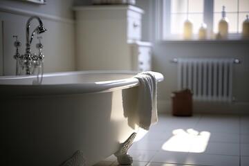 Close-up of new modern bathtub in design bathroom. Real estate by AI generative