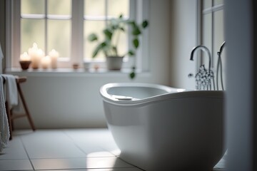 Naklejka na ściany i meble Close-up of new modern bathtub in design bathroom. Real estate by AI generative