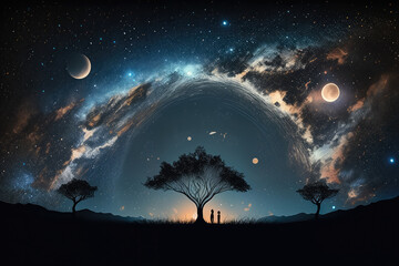 Starry Night Sky with a Twinkling Milky Way and Distant Planets, generative ai
