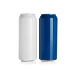 Aluminum cans with drinks on white background