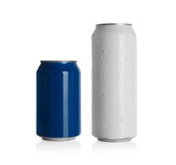 Aluminum cans with drinks on white background