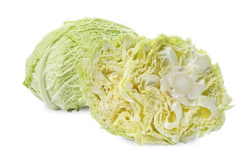 Whole and cut fresh ripe cabbages isolated on white